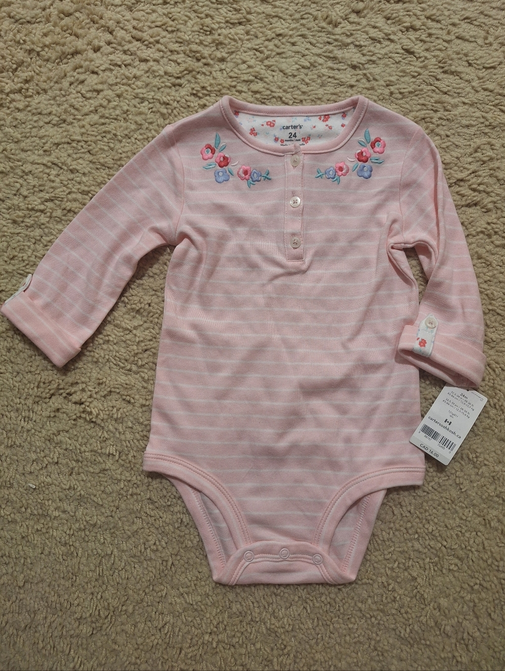 Carter's Light Pink Striped Long-Sleeve Embroidered Floral Bodysuit